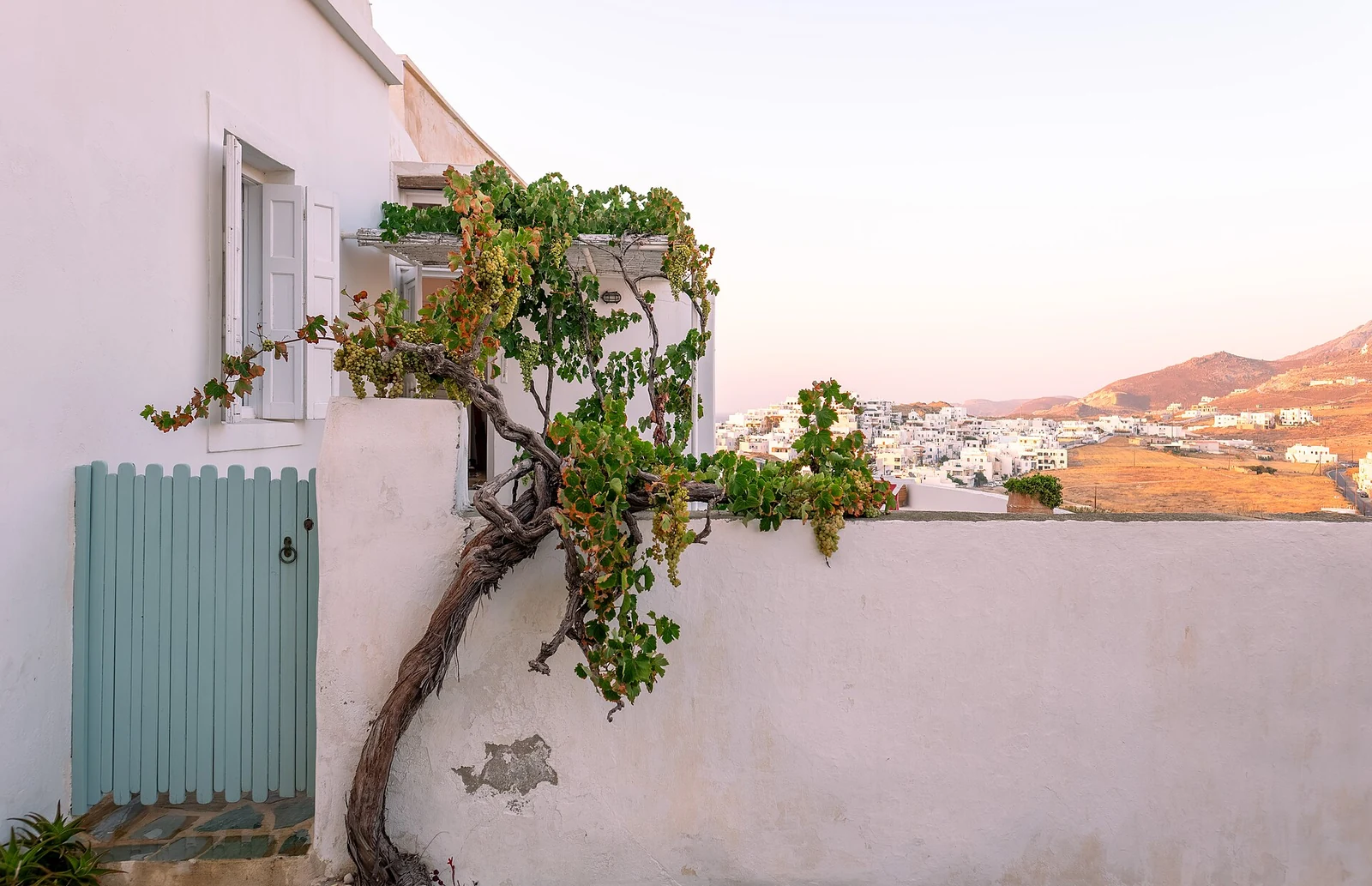 Wejście do dziedzińca domu i biała zabudowa — Chora, Naxos